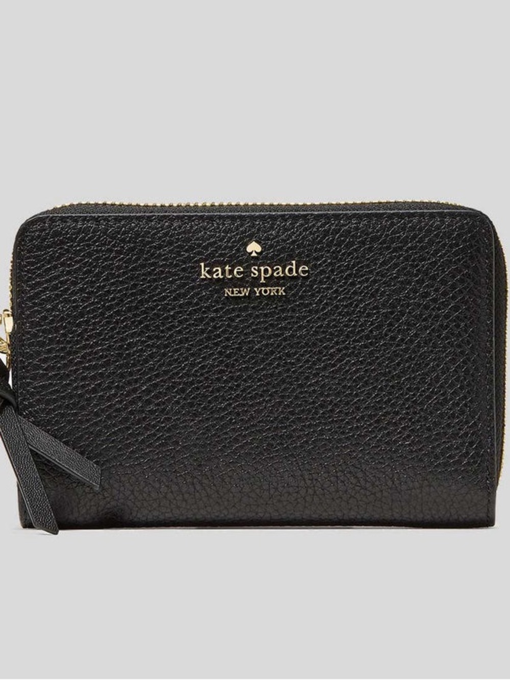 kate spade Black Pebbled Leather Zip-Around Wallet with Gold Logo